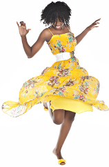 Happy Woman in Yellow Floral Dress